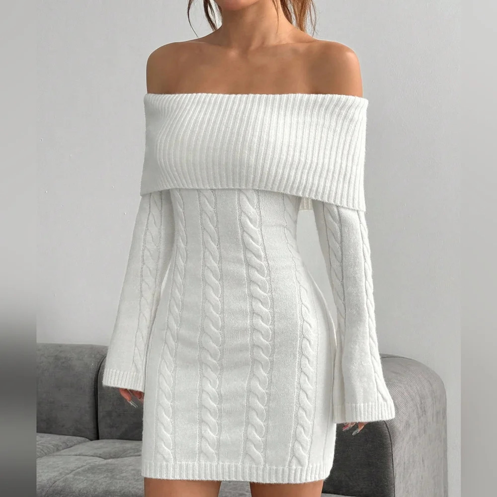 Elegant Long Sleeve Cable Knitted Bodycon Midi Dress - Picture 5 of 6